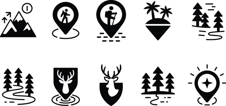 Adventure travel map icons set, hiking location markers, mountain forest navigation symbols, outdoor exploration vector, camping nature silhouette collection