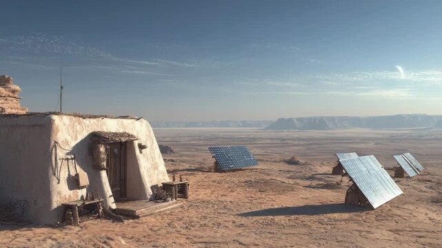 Solar panels beside a small adobe house in a desert landscape  