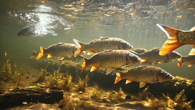 School Of Carp Fish Swimming Underwater In Sunlit River With Aquatic Plants And Sandy Bottom