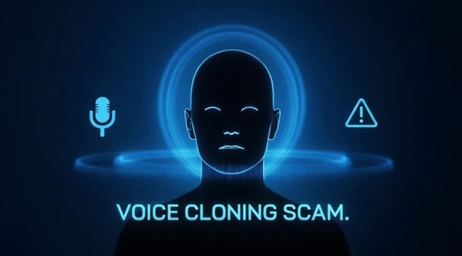 AI Voice Cloning Scam Concept with Silhouette and Blue Audio Frequency Waves
