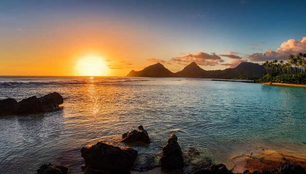 Sunset Over The Tranquil Waters Of Ko Olina Oahu Revealing Rocky Formations And A Serene Coastline