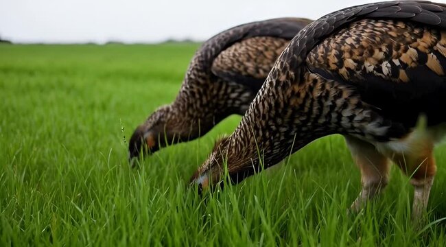 Close-up of two large wild birds with patterned plumage foraging in a lush green grass field.