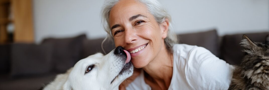 Mature woman being licked by dog on living room couch