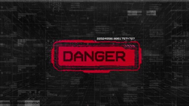 Danger alert text animation with glitch distortion on futuristic digital background