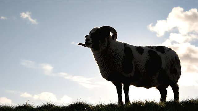 Silhouette of a Ram with Large Curved Horns Standing on a Grassy Hilltop Against a Bright Blue Sky with Fluffy Clouds