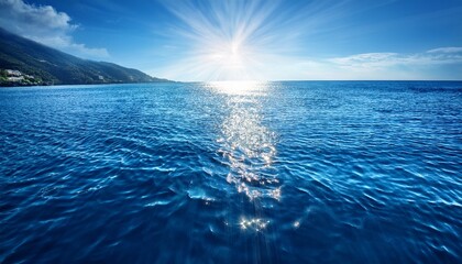 Blue Water Surface With Bright Sun Light Reflections Water