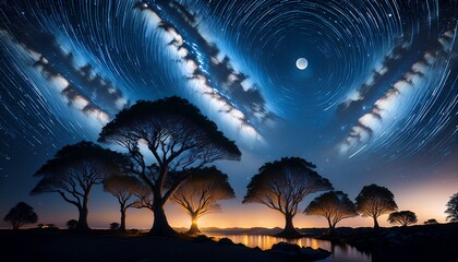 Serene Nightscape An Enchanting Digital Art Piece Captures A Tranquil Night Scene With A Cluster Of Illuminated Trees Under A Starlit Sky Creating A Sense Of Peace And Wonder