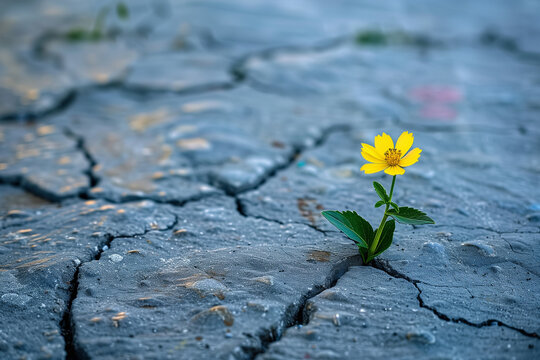 A lone plant growing on the side of the road. a lonely flower have found its way through Asphalt road. Vintage look