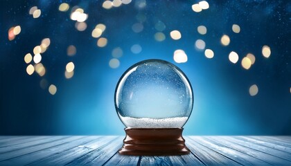 Empty Christmas Snow Globe On Blue Background With Bokeh Lights