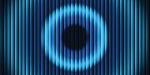 Futuristic glowing blue circular ring with smooth fluted vertical lines on dark background. Fractal ribbed glass pattern. Perfect for tech branding, poster, product presentation © Asim
