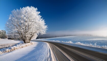 Frost Covered Roadside Tree Along Snowy Country Curve