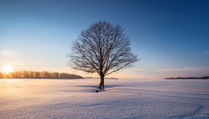 A Solitary Leafless Tree Stands Serene On A Frozen Expanse Bathed In The Soft Glow Of A Muted Sun A Tranquil Winter Scene Of Stark Beauty And Quiet Contemplation