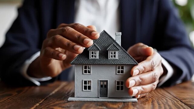 Hands protecting a miniature model house on a wooden table