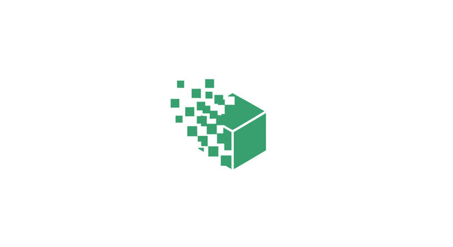 Green pixelated cube dissolving into pixels.