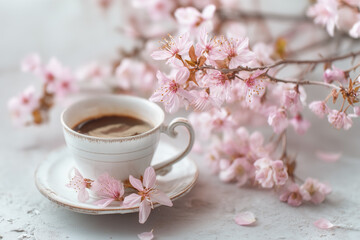 Fototapeta premium White cup of coffee or Tea on a table in pink cherry blossom garden with Spring season and sunrise in the morning