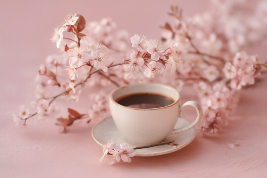 White cup of coffee or Tea on a table in pink cherry blossom garden with Spring season and sunrise in the morning