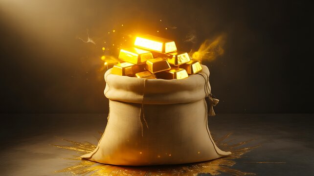 Money bag filled with gold bars representing wealth investment and financial success concept