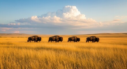 Obraz premium Serene African Savannah Landscape with Herd of Bison in Golden Field
