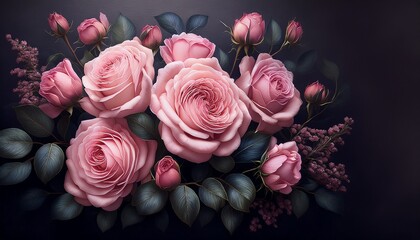 Beautiful Bouquet Of Pink Roses On A Dark Background Soft And Romantic Glamourous Filter Vintage Flowers Looking Like An Old Painting