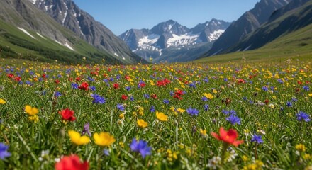 Fototapeta premium Vivid Mountain Valley Blooming Meadow with Colorful Wildflowers and Snow-Capped Peaks