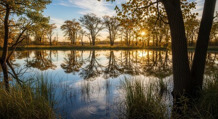 Obraz premium Serene Sunset Over Calm Nature Lake with Reflection and Tall Trees