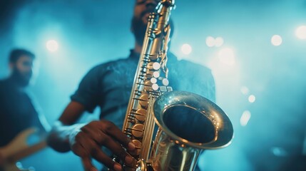 Obraz premium This image presents a close-up of a saxophonist performing in a vibrant night club, surrounded by dramatic lighting, conveying the passion and energy of live jazz music.