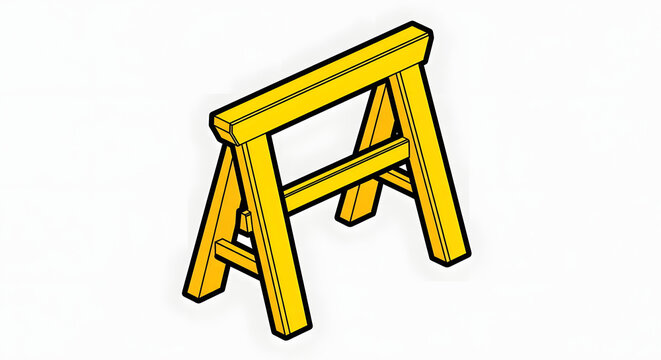 A simple yellow sawhorse is depicted in a straightforward illustration standing alone on a plain surface viewed from a slightly elevated angle