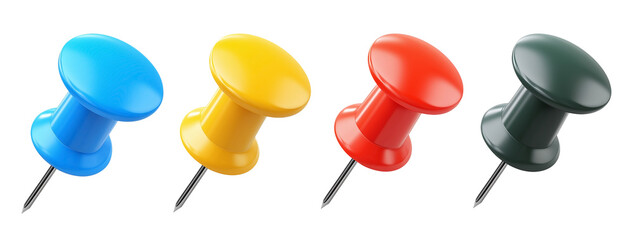 3D glossy push pins in four colors. Realistic plastic thumbtacks for office and reminders. Isolated elements for UI and graphic design mockups. © Niparat
