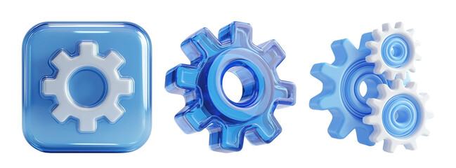 3D blue gear icons in glossy glass style. Ideal for settings, engineering, process management and industry UI design. Isolated on transparent background. © Niparat