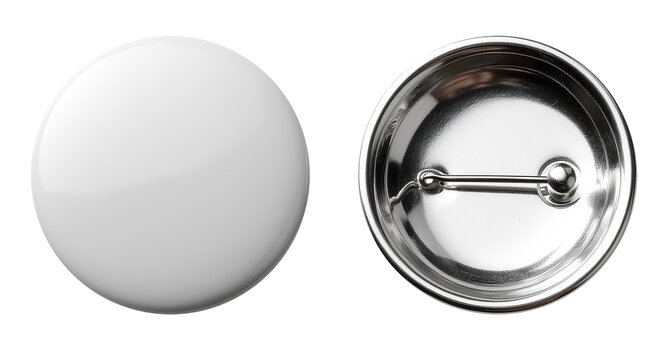 3D render of a white blank circular button badge. Includes front and back metal pin views. Isolated on transparent for easy branding mockup and design.