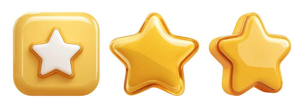 3D golden star icons with glossy finish. Perfect for app ratings, feedback, favorite buttons and UI design. Isolated on transparent background.