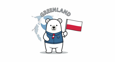 Fototapeta premium Cartoon polar bear wearing a blue vest and holding a Polish flag with a world map and 'GREENLAND' text on a white background.