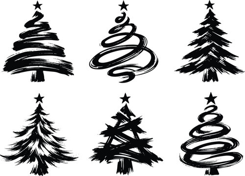Minimalist black ink brush Christmas tree silhouettes art Collection.