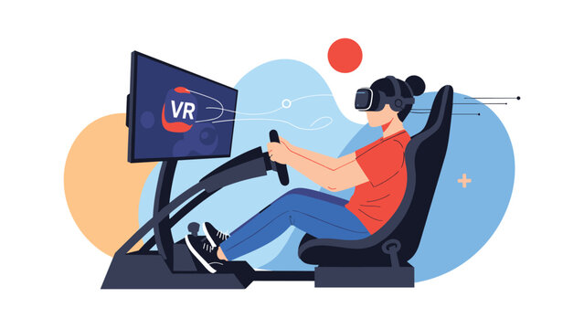 Young man wearing virtual reality goggles experiences immersive driving simulation using steering wheel and specialized gaming chair.