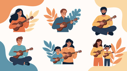 Obraz premium Diverse set of people and family members playing ukuleles with decorative colorful leaves in the background of each illustration.