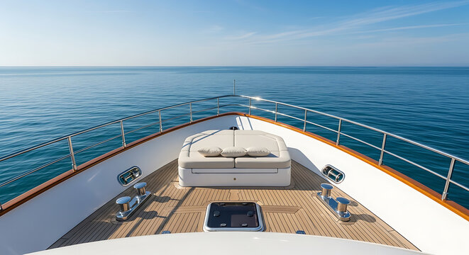 Opulent maritime vessel prow featuring polished teak wood flooring and metallic railing navigating serene azure ocean waters beneath a cloudless bright summer sky.