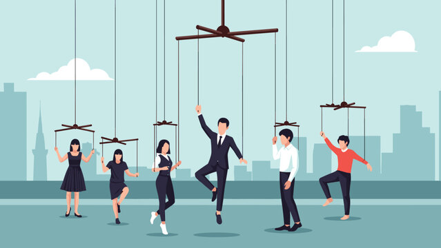Conceptual illustration of business people being controlled like marionette puppets by strings against a modern city skyline.