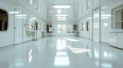 Fototapeta premium A pristine, sterile environment designed for advanced scientific research, showcasing clean lines and smooth surfaces to highlight its hygienic purpose and modern design.