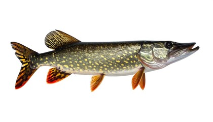 Northern Pike Fish Isolated on White Background, Freshwater Predator.