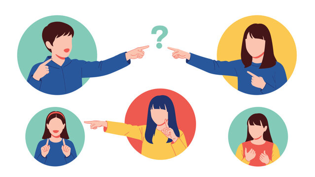 Group of people pointing fingers at each other around a large question mark, depicting a situation of blame, doubt, or confusion.