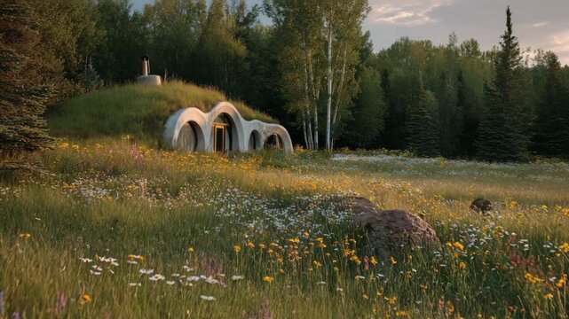 Modern earth-sheltered home blending into wildflower meadow  