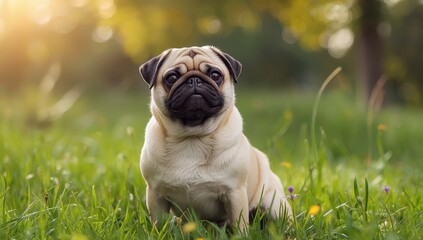 Fototapeta premium A Pug with short blonde fur and a dark snout