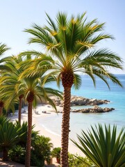 Obraz premium Exotic palm trees frame a stunning tropical beach, a vibrant oasis in Crete, getaway, picturesque