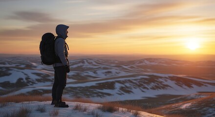 Man with backpack standing on snowy hill overlooking vast landscape at sunrise or sunset serene atmosphere peaceful moment