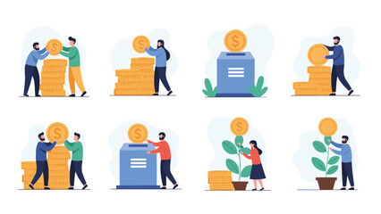 Illustrations of people saving money, making donations to charity, and investing in growth for future financial success and wealth.