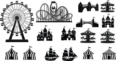 Amusement park silhouette collection ferris wheel roller coaster carousel castle circus tent vector illustration set © JAKIYA