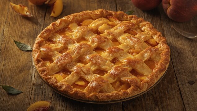 A rustic wooden table holds a half peach pie with a lattice top