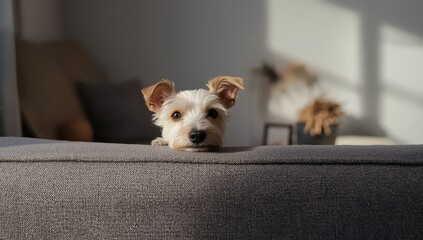 Fototapeta premium A wire-haired fox terrier looking over a couch, searching for a dog treat