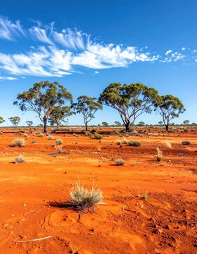 Vibrant Australian Outback Landscape with Red Earth and Eucalyptus Trees Under a Blue Sky.