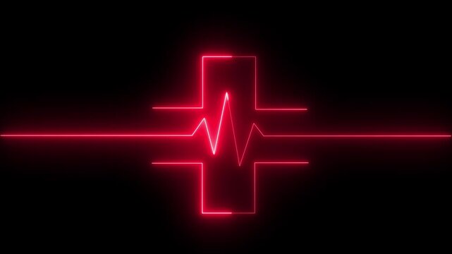 Abstract glowing neon heartbeat signal icon animation medical concept. blue neon cross with heartbeat line on dark background, symbolizing dedication in medical care and commitment to patient health